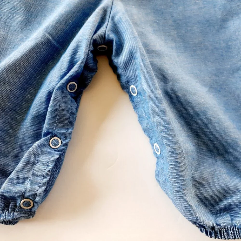 Vintage Girls Romper Overall Chambray Ruffle Maggie Mackall Blue Small 6 Months